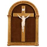 Ivory corpus of Christ wood, gold-colored cross in gold-colored frame with decorated bar, Europe ca.
