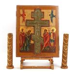Russian orthodox brass crucifix in wooden icon with painted representation, left Mary Magdalene and