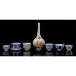 Lot Chinese porcelain b.u. pipe vase 25 cm high, 5 cups and 6 saucers in different decor (damage)