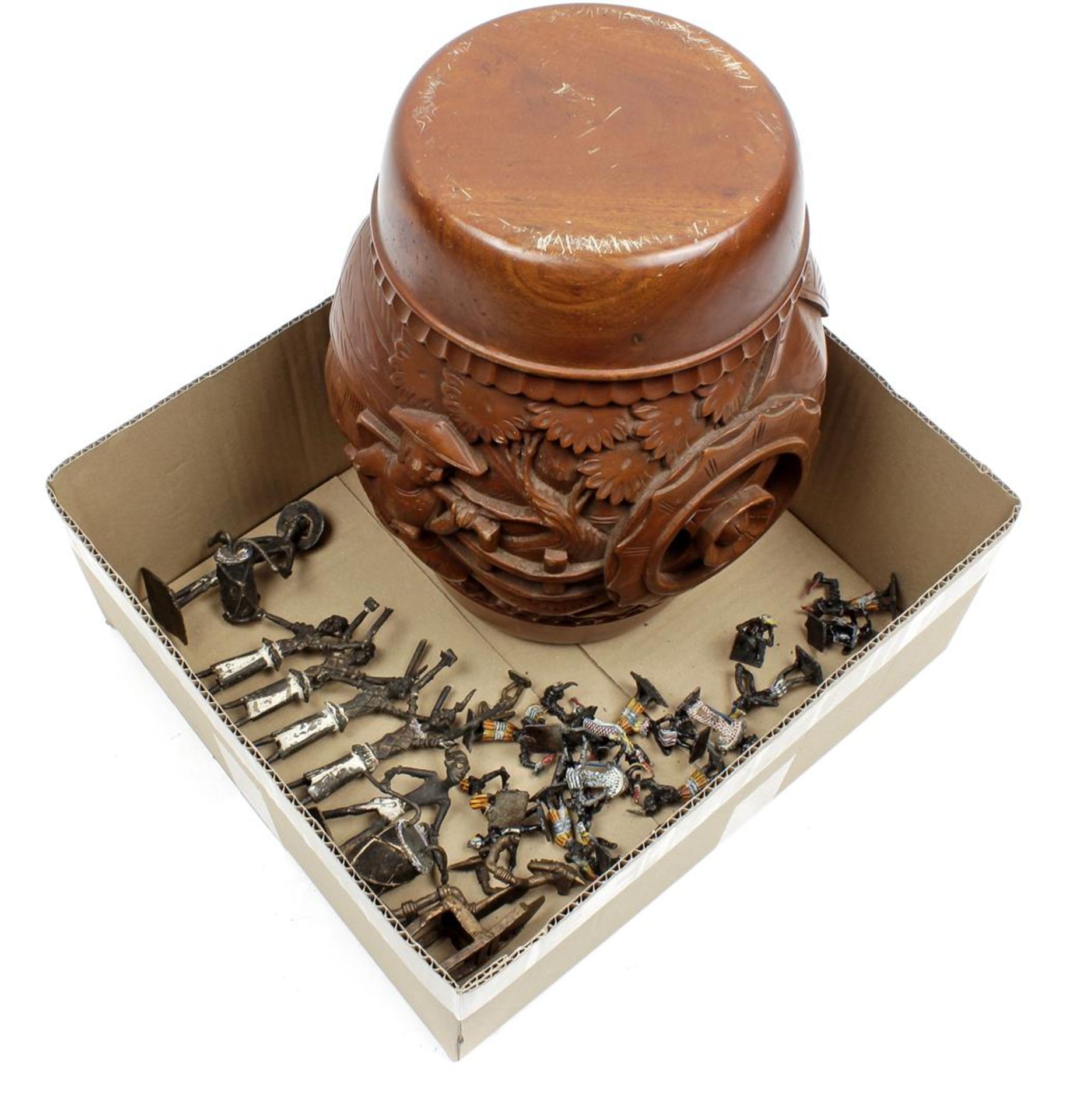 Asian wooden bombarded storage jar with lid 36 cm high, 28 cm diameter and collection of metal Afric