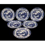 6 porcelain dishes with blue decoration of figures in a landscape surrounded by a flower border, Chi