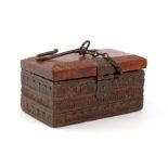 Antique Portuguese wooden market cash box with content 9 cm high, 18.5 x 11 cm