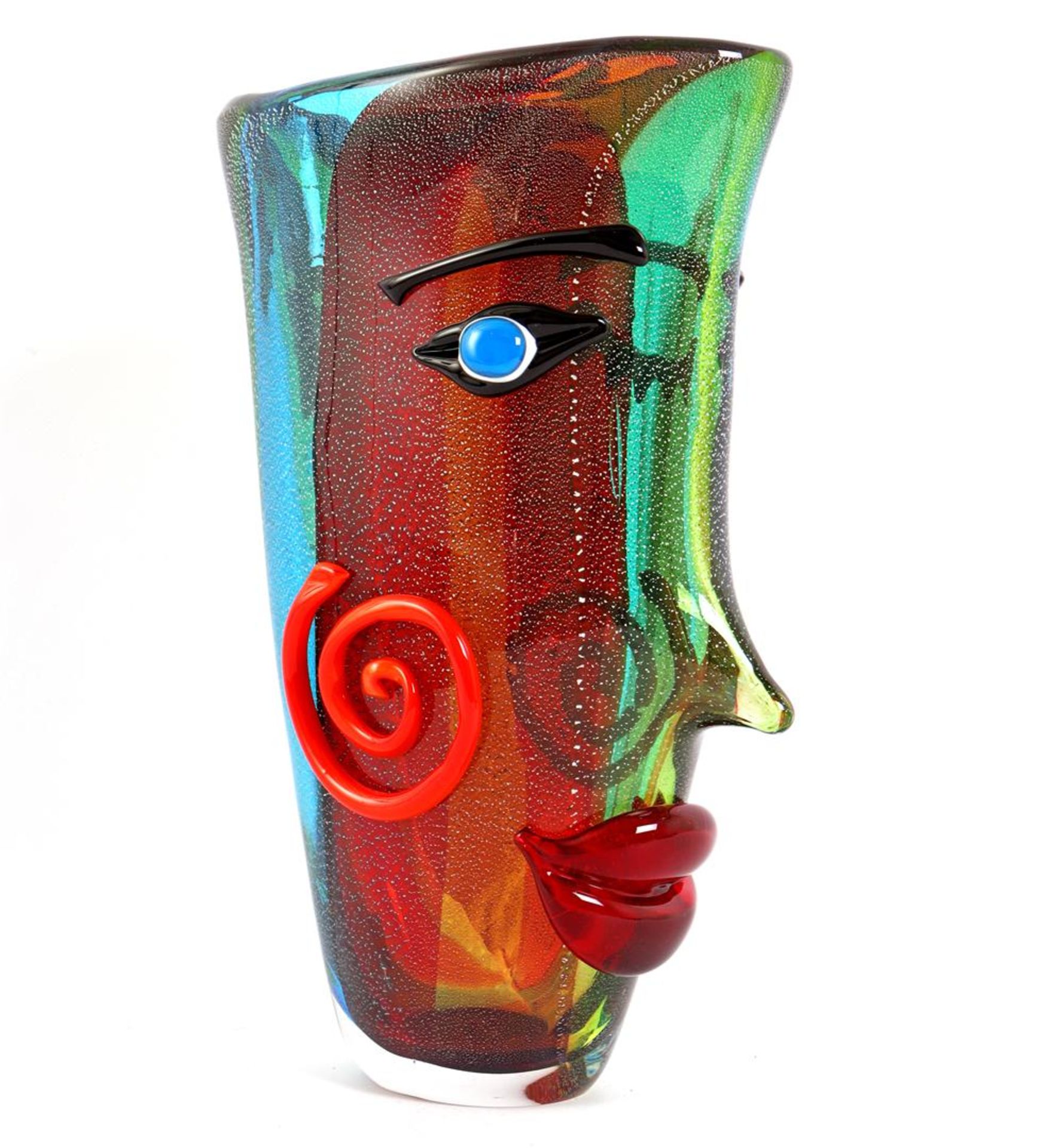 Colored glass vase with face