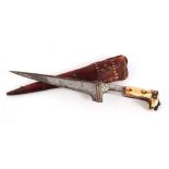 Indo-Persian dagger Pesh-Kabz. Strong blade and hilt of decorated light metal and bone. The wooden s