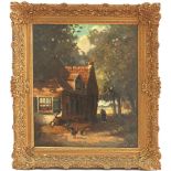 Signed J Maré, Farm with farmer's wife with chickens