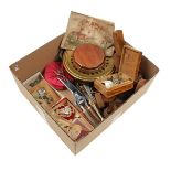 Various box including copperware, wood, game shears, fabric children's booklet, etc.