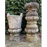 4 sandstone pedestals 27 cm high, 31 cm diameter and sandstone flower pot