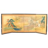 Asian 4-stroke decoration with depiction on linen 46 cm high, a total of 119 cm wide