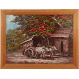 Unclearly signed, Ox cart under a flamboyant tree