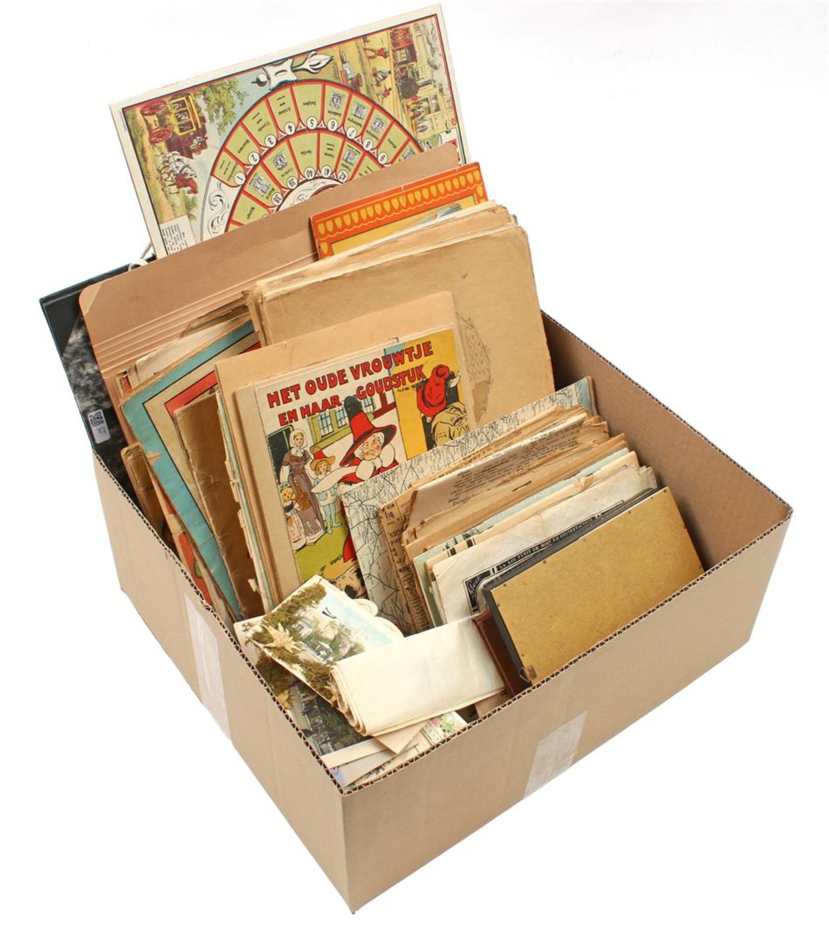 Box with old books, children's books, newspapers, postcards, etc.