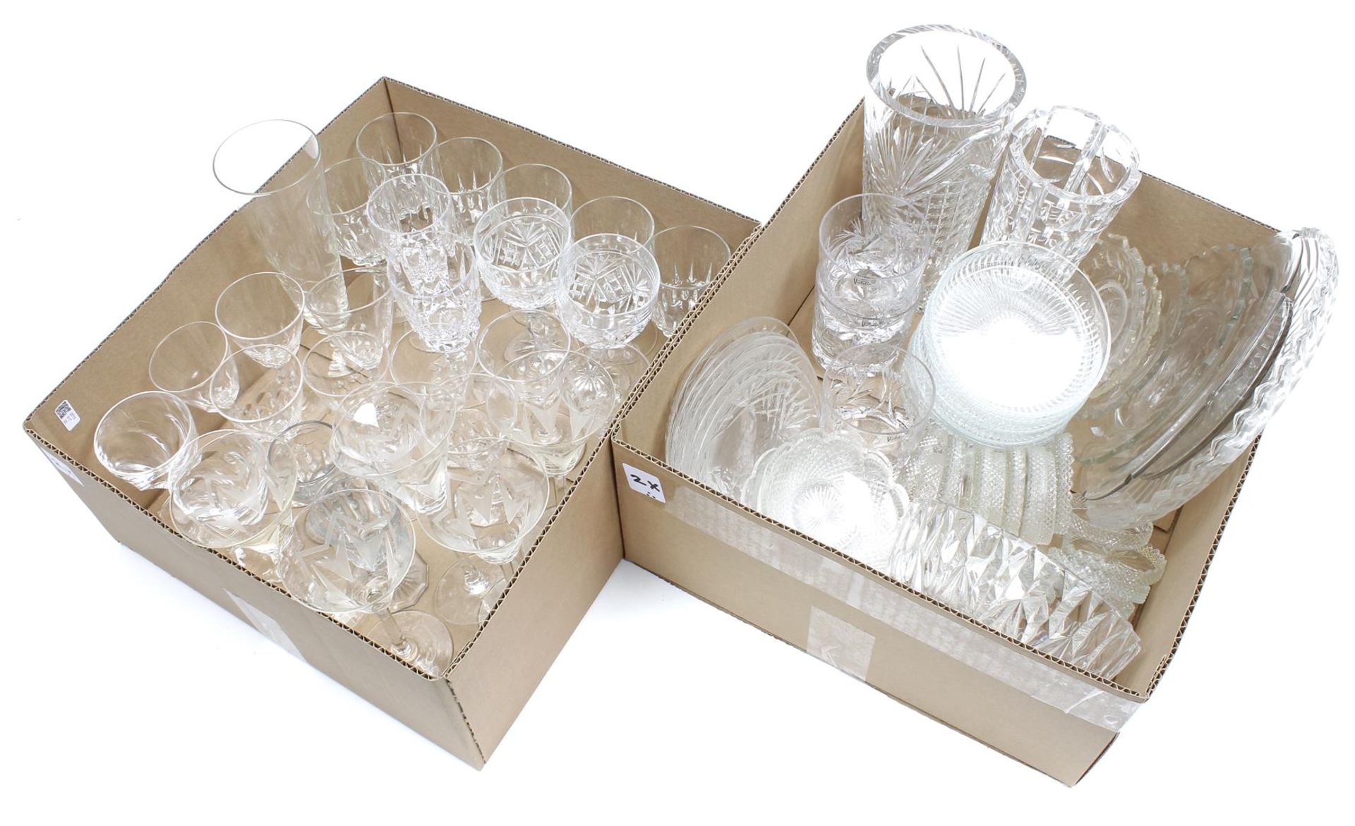 2 boxes with crystal glasses, vases, dishes, coasters and saucers