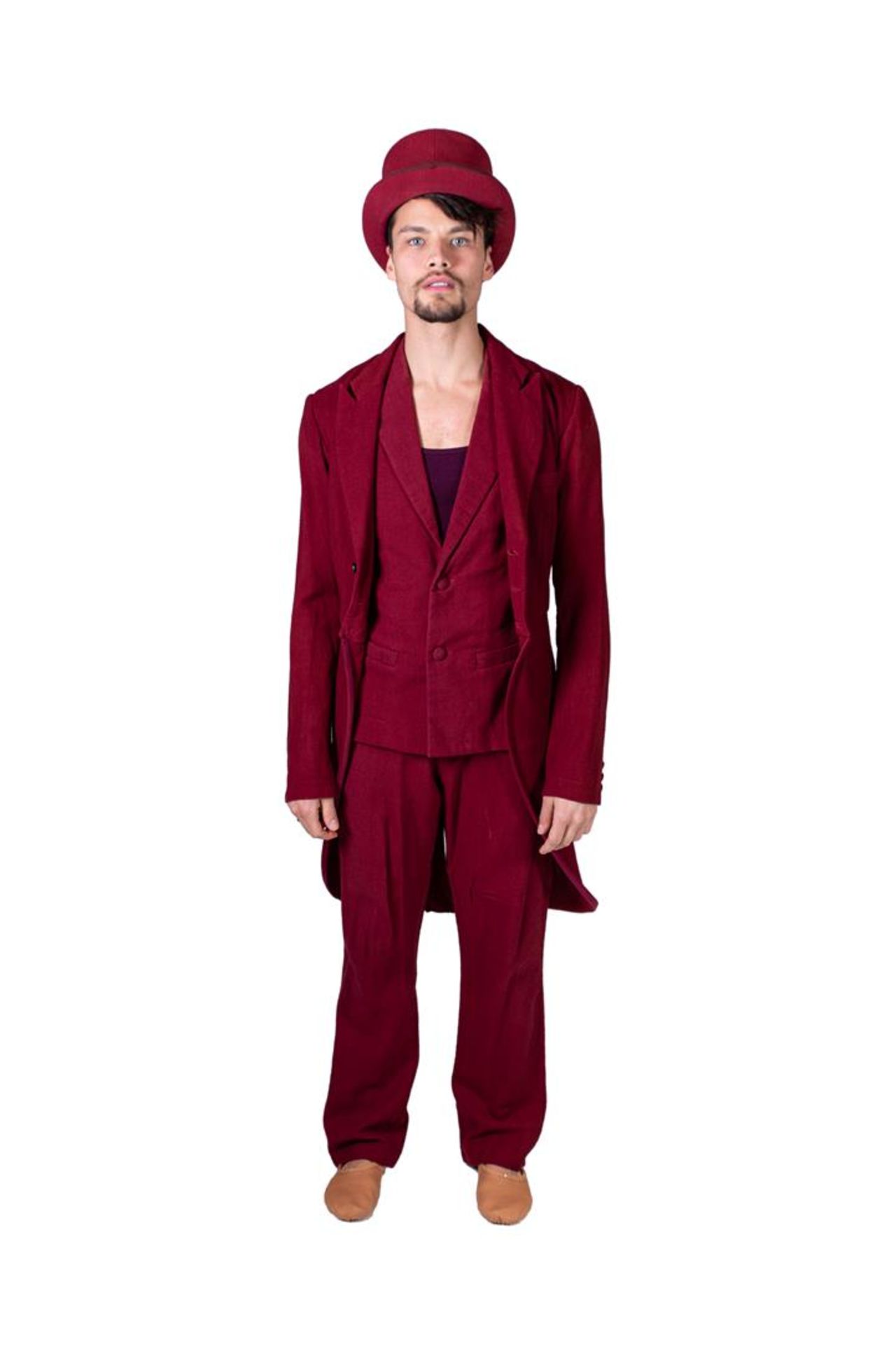 Red men's suit (jacket, waistcoat, trousers) and top hat