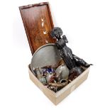 Box with Indonesian carvings, Banka pewter tray with 4-piece coffee set, horn and bone objects, Chin