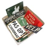 Collection of 11 signs including enamelled, metal and plastic warning signs, place Velp, etc.