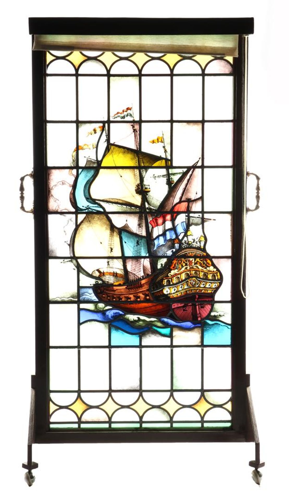 Stained glass window depicting a three-master ship, in wooden frame - Bild 2 aus 2