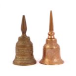 2 bronze table bells with engraved decoration, 16 and 17 cm high