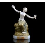 Unmarked, bronze sculpture with carved ivory of a woman with birds on her hands, France ca.1890, 19.