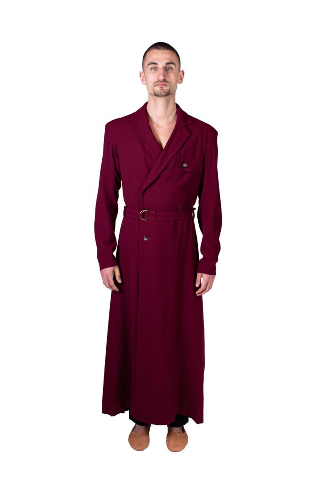 Long men's coat with dark red belt. Costume from celebrAGE