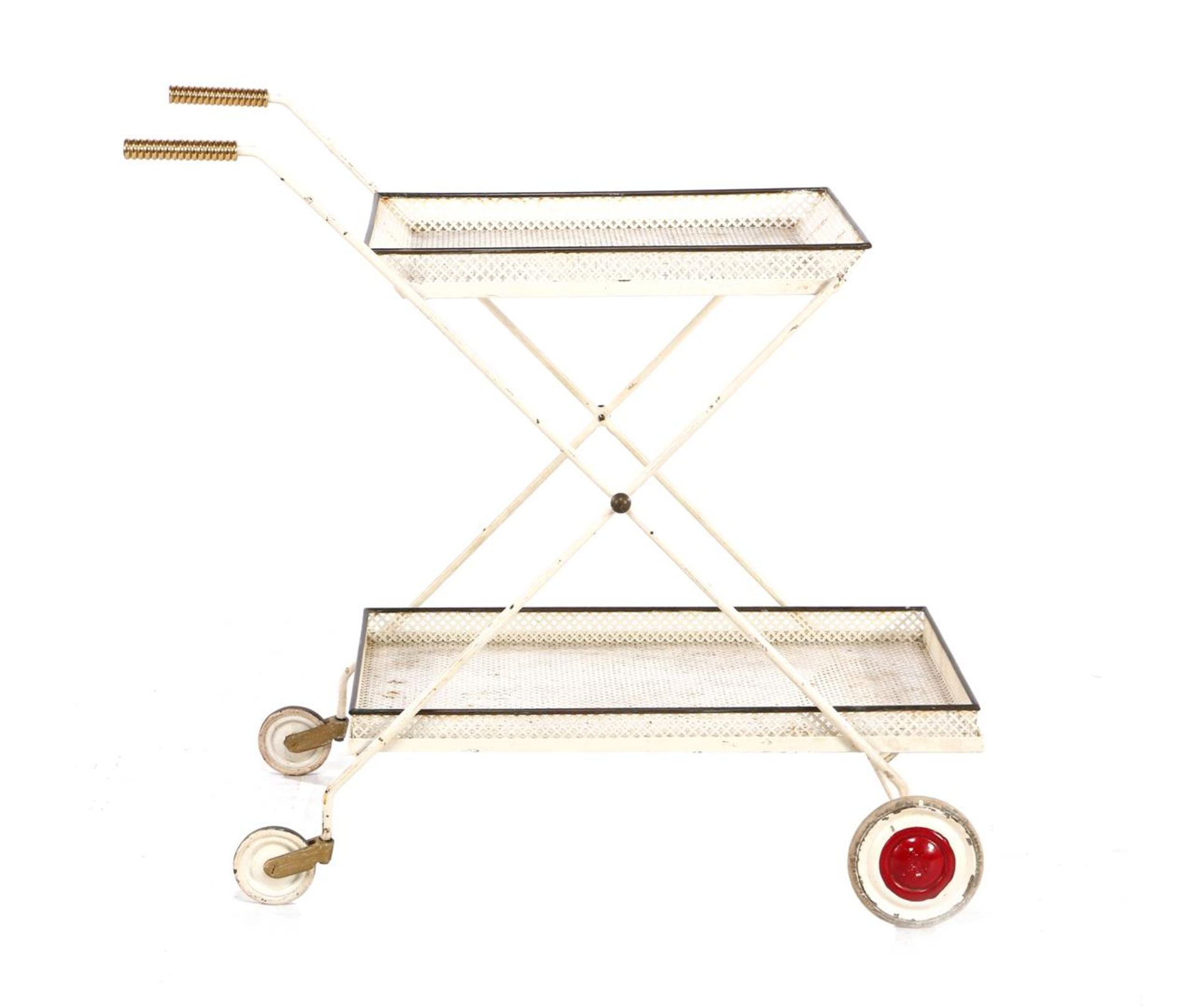 White lacquered perforated metal serving trolley