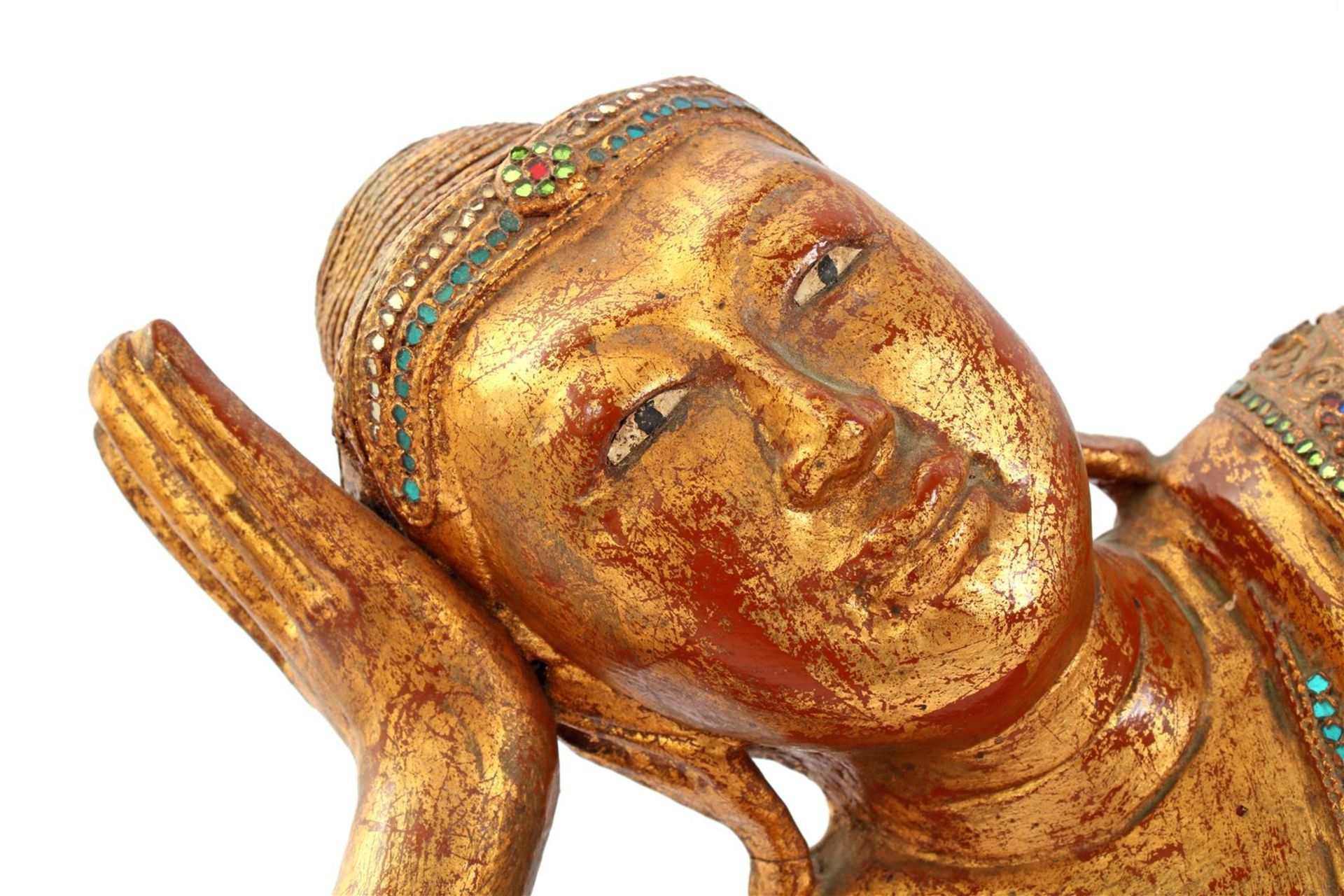 Wooden reclining Buddha covered with glass, Burma approx. 1925, 21 cm high, 90 cm long - Image 2 of 3