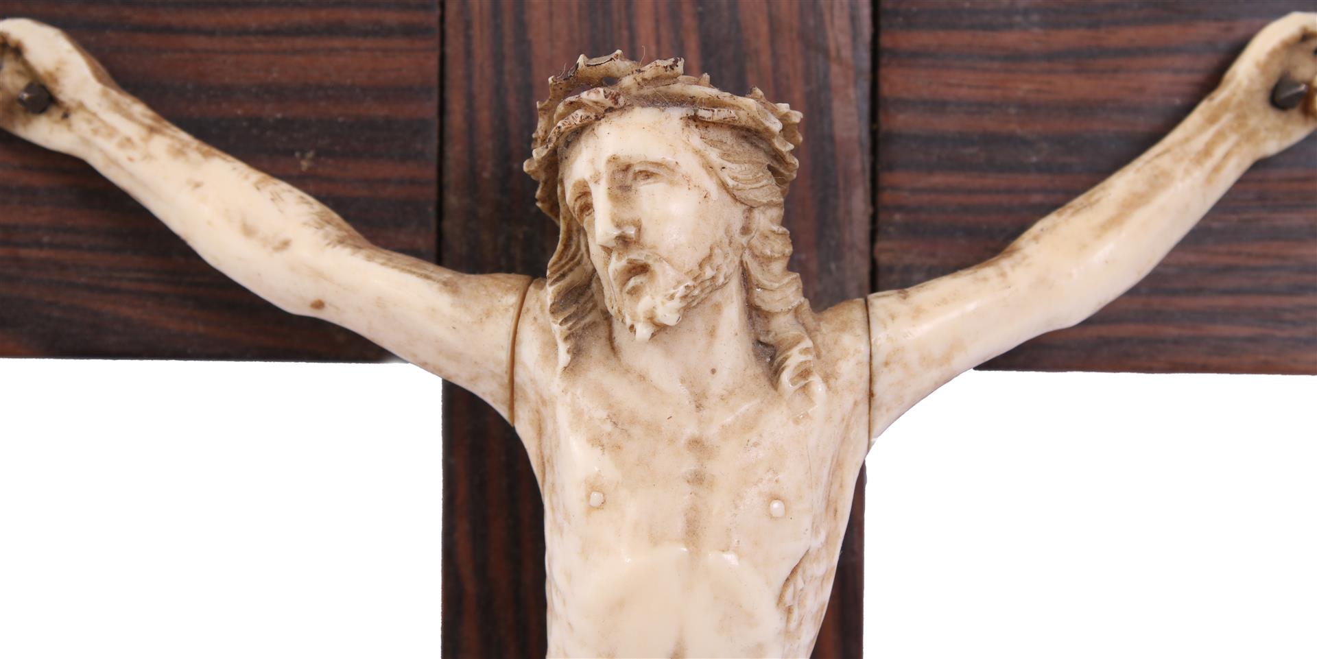 Ivory corpus of Christ on a rosewood cross, Europe approx. 1850, 38 cm high, 118.5 cm wide, 4 cm dee - Image 2 of 2