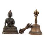 Bronze Buddha 14 cm high and a bell with Vajra, Tibet, ca.1900