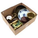 Box various wo. mortar, oriental dish (hairline), Jugendstil tile, ship's barometer, candlesticks, e