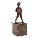 Bronze sculpture of a boy on skis, on marble base 29 cm high
