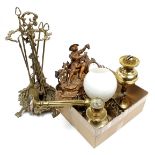 Box with various copperware including beautiful fireplace set, pin candlesticks, table bells, horse,