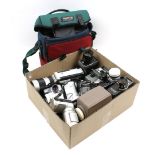 Box with film cameras including Pentacon, Elmo, Canonet, JVC, Quarz, Canon, Gaf, Sharp, Sony and Pa