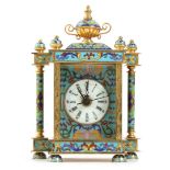 Brass table clock with quartz movement, richly decorated with cloisonne enamel, 19 cm high