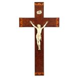 Ivory corpus of Christ on walnut with burr walnut cross, Europe ca.1875, 40 cm high, 22 cm wide, 3 c