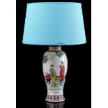 Chinese porcelain table lamp base with blue upholstered shade 46 cm high