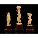 3 richly carved ivory statues of women, 2 times India and 1 time Indonesia, approx. 1910, 10, 10, 5