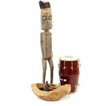 African wooden bombarded statue 113 cm high, tam-tam 46 cm high, wooden carved bowl 20 cm high, 48x3