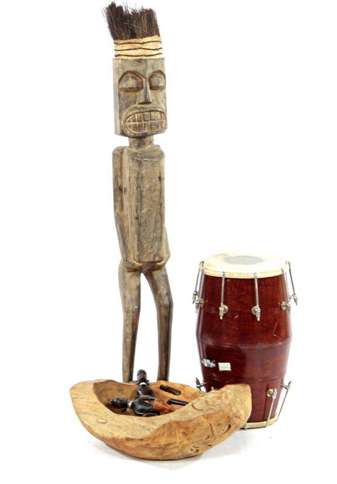 African wooden bombarded statue 113 cm high, tam-tam 46 cm high, wooden carved bowl 20 cm high, 48x3