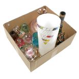 Box with colored decorative glass vases, paperweights, glasses with enamelled decoration, ashtray an