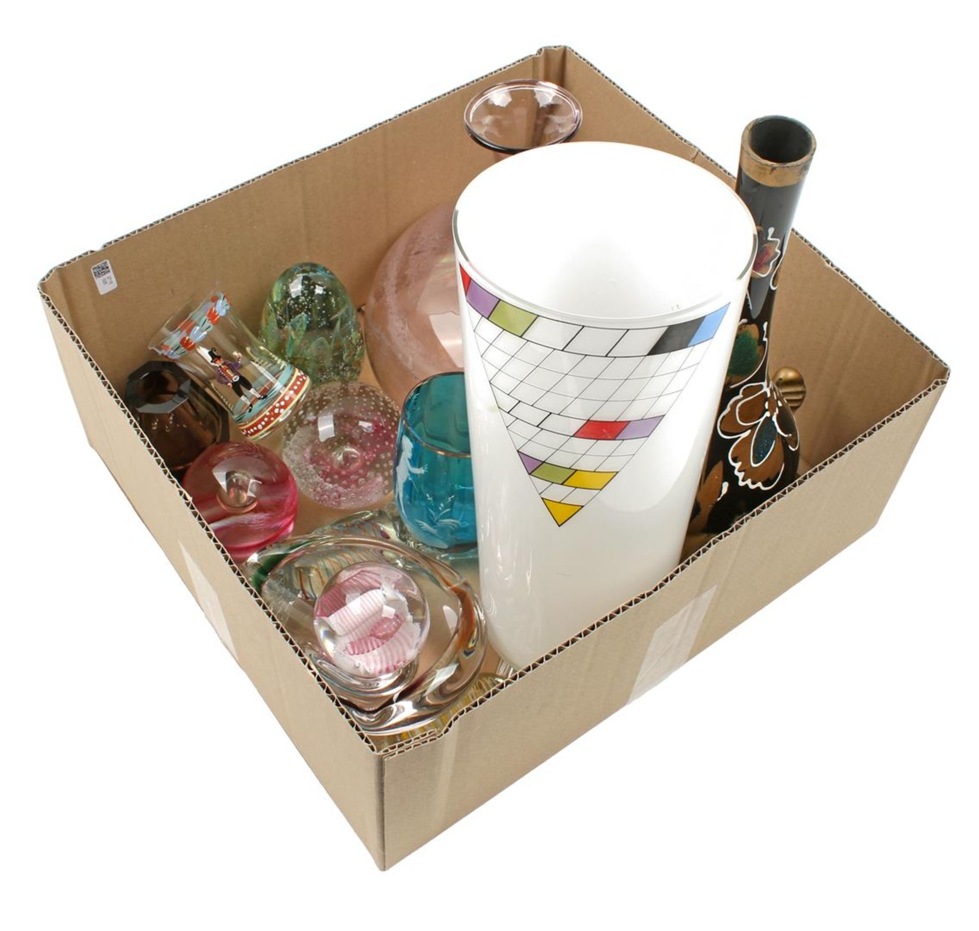 Box with colored decorative glass vases, paperweights, glasses with enamelled decoration, ashtray an