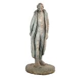 Not signed, bronze statue of a man in a long coat