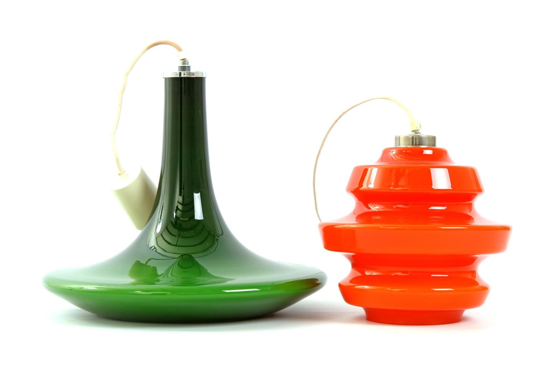 Green glass pendant lamp and orange glass pendant lamp