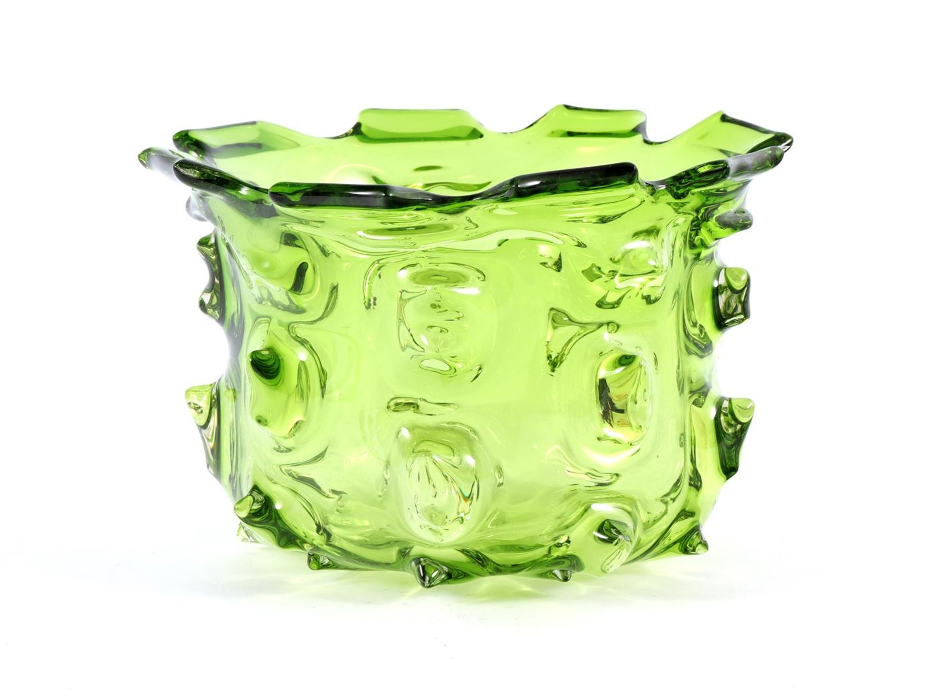 Marked Lambert, green glass jar with protrusions 17 cm high, 25 cm diameter
