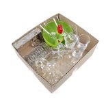 Box with 12 glass octagonal coasters in a case, glass pendulum glasses, carafe, vases, colored glass