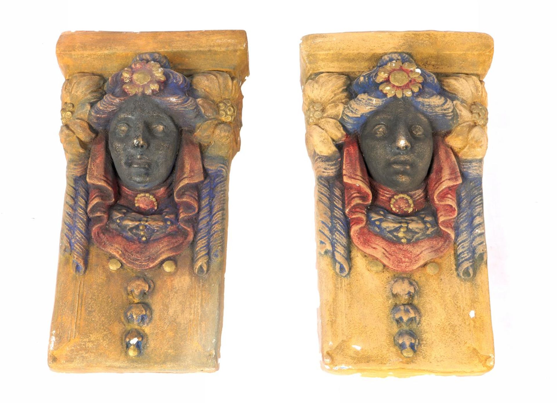 2 plaster polychrome colored wall ornaments