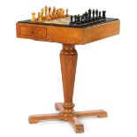 Oak chess table with marble and onyx inlaid top