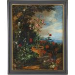 Anonymous, Still life with plants, fruit and flowers in a landscape