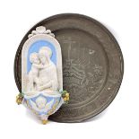 Pewter dish and earthenware holy water bowl