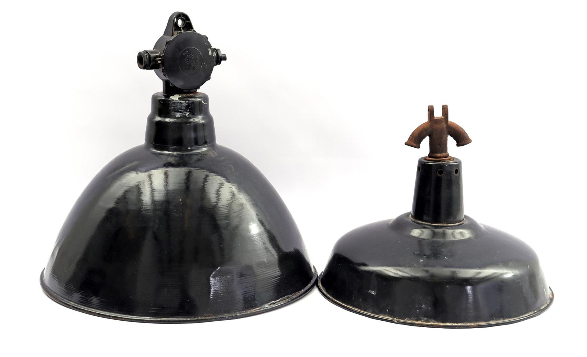 2 black lacquered industrial factory lamps