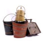 2 metal Empire tea oven, copper extinguisher and wooden painted coal pit