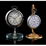 2 old vest pocket watches on holder