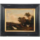 Signed Catrina Tieling, Wide landscape with rooster and chickens